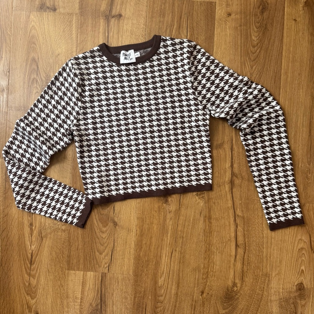 Princess Polly Brown and Cream Houndstooth Cropped Sweater